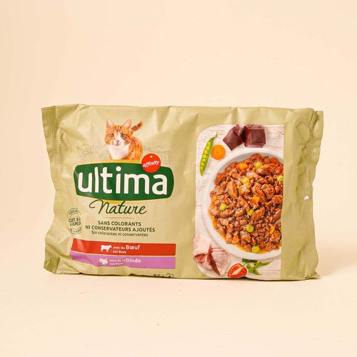 Menjar humit per a gat amb bou Ultima 85g - 4u.