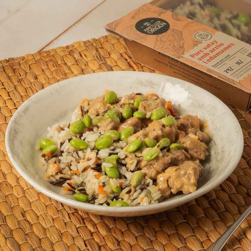 Porc satay amb arròs i edamame Ametller Origen 250g